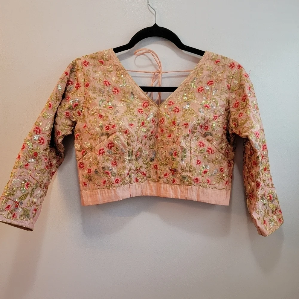 Lehanga Top Pink Satin Embroidered Flowers Size M/L - Picture 1 of 5